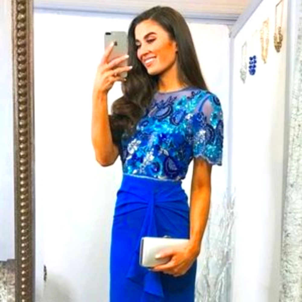 ASOS Blue Embellished Sheer Asymmetrical Dress - Picture 10 of 16